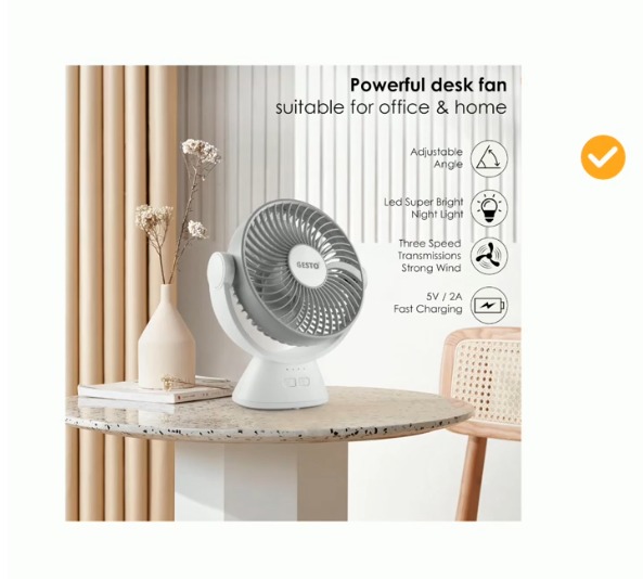 Gesto 7.8 Inch High Speed Rechargeable Table Fan for Home – USB Charging Battery Fan With Led Light | 2400mAh Battery for Upto 8 Hours Runtime | 3 Speed Modes Portable fan for Home,Office -Grey/Green